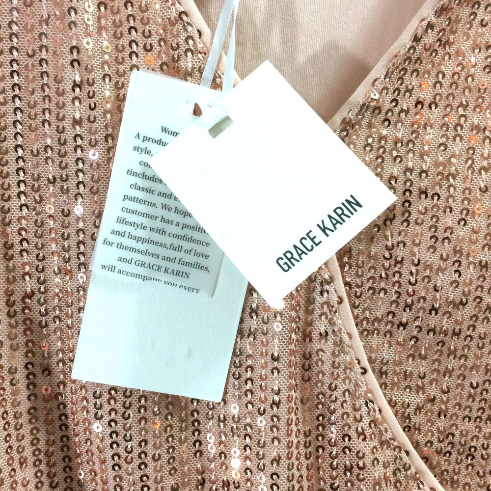 Grace Karin Rose Gold Sequin V Neck Top Split Bell Sleeves Party Blouse Size Sm - Picture 6 of 6
